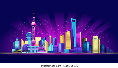 Vector horizontal illustration of the promenade night, the Chinese city of Shanghai in the neon glow of skyscrapers houses buildings