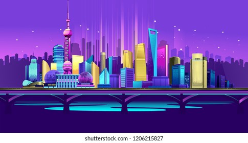 Vector horizontal illustration of the promenade night, the Chinese city of Shanghai in the neon glow of skyscrapers houses buildings