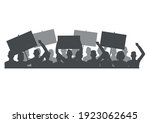 Vector horizontal illustration of protesting people with blank banners in their hands. Men and women participate in a revolution, political protest or rally.Silhouette isolated on a white background.