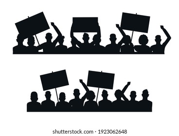 Vector horizontal illustration of protesting people with blank banners in their hands. Men and women participate in a revolution, political protest or rally.Silhouette isolated on a white background.