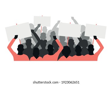 Vector horizontal illustration of protesting people with blank banners in their hands. Men and women participate in a revolution, political protest or rally.Silhouette isolated on a white background.
