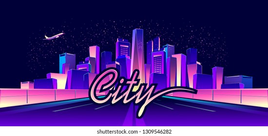 Vector horizontal illustration. Road going to night city, illuminated by neon lights. UV colors,