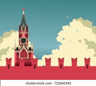 Vector Horizontal Illustration Russia Moscow Kremlin Tower Against The Sky With Clouds