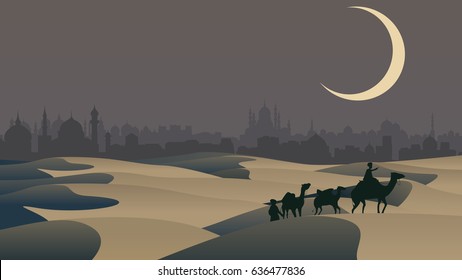 Vector horizontal illustration sand desert: bedouin caravan camels against over city on horizon.