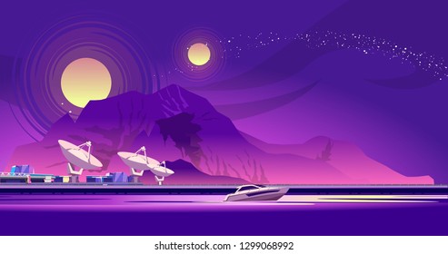 Vector horizontal illustration. Scientific space Intergalactic base on the background of mountains, there are two planets in the sky. Futuristic colony research center in our galaxy