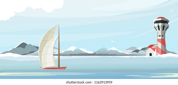 vector horizontal illustration, sea lighthouse in daytime panorama sailboat
