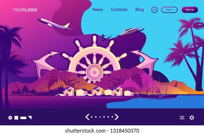 vector horizontal illustration, sea voyage, island fishing village, against the background of a wooden steering wheel and anchors, in yellow-violet colors