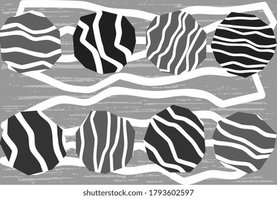 Vector horizontal illustration with a set of uneven gray balls rewound by white lines in zigzags on a gray background, textured. Abstract design.