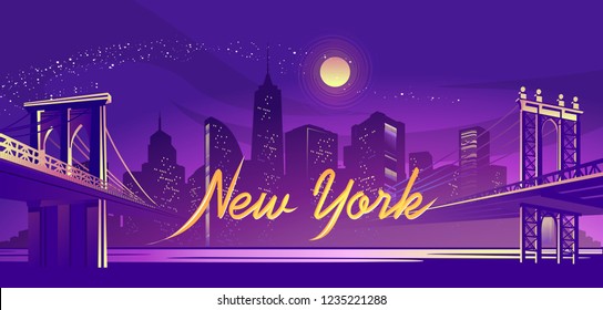 vector horizontal illustration of a silhouette of a night fog city, lit by lights and moonlight, two bridges led to the other side