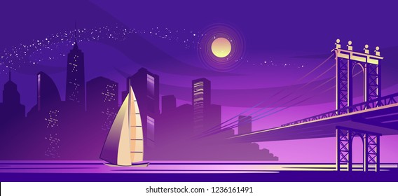 vector horizontal illustration of a silhouette of a night foggy city, lit by lights and moonlight, a bridge connecting two districts through a channel