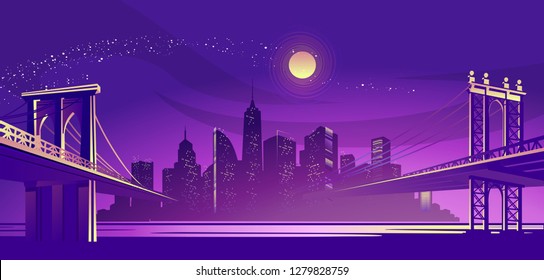 vector horizontal illustration of a silhouette of a night fog city, lit by lights and moonlight, two bridges led to the other side