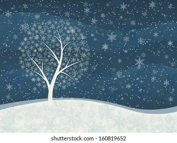 Vector horizontal illustration of snowfall with winter tree from snowflakes with space for text.