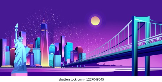 Vector horizontal illustration of the Statue of Liberty on the background of the night American city, illuminated by neon lights, across the canal to the area held a bridge