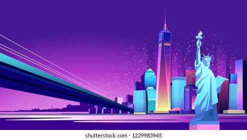 Vector horizontal illustration of the Statue of Liberty on the background of the night American city, illuminated by neon lights, across the canal to the area held a bridge