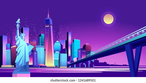 Vector horizontal illustration of the Statue of Liberty on the background of the night American city, illuminated by neon lights, across the canal to the area held a bridge