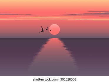 Vector horizontal illustration of sunset. beautiful sunrise at the sea. Sea birds. Sea background. Ocean background.