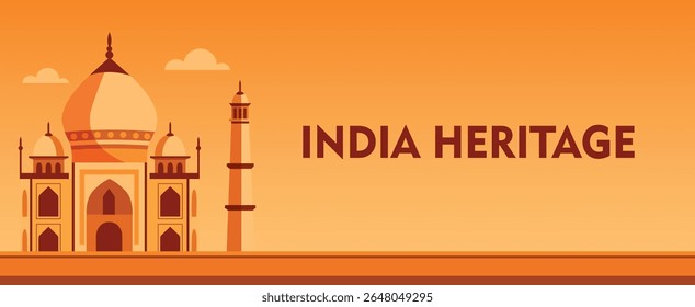 Ilustração horizontal vetorial do banner Taj Mahal com o texto Índia Heritage. Adequado para projetos dedicados à arquitetura, turismo, história, cultura e patrimônio nacional da Índia