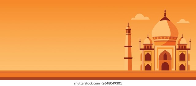 Vector horizontal illustration of Taj Mahal banner with empty space for text. Ideal for holidays, tourism, presentations, social media and posters about the beauty and cultural richness of India