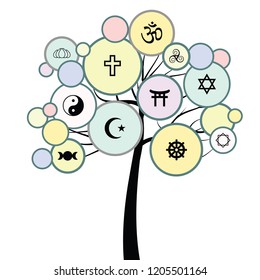 vector horizontal illustration of tree with different religions symbols 