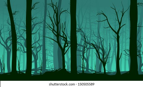 Vector horizontal illustration of tree trunks deadwood in dark green mist.