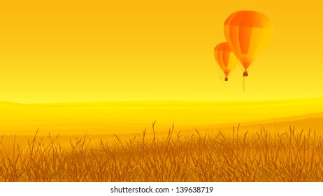 Vector horizontal illustration: two air balloons off ground at sunset in yellow tone.