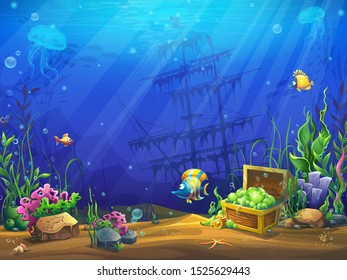 Vector horizontal illustration of the underwater ocean. Bright background image to create original video or web games, graphic design, screen savers