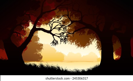 Vector horizontal illustration of view from deciduous forest with trees at lake.