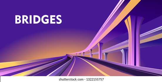 Vector horizontal image of an empty hearse city overpass viaduct bridge in orange purple colors.