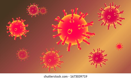 Vector horizontal image of a group of coronavirus microbes on a red background.
