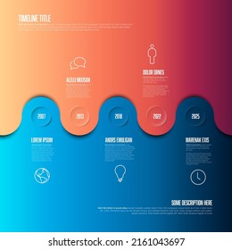 Vector Horizontal Infographic Company Milestones Timeline Template With Circles And Dual Color Background - Red And Blue. Time Line Template Version With Icons On Split Background