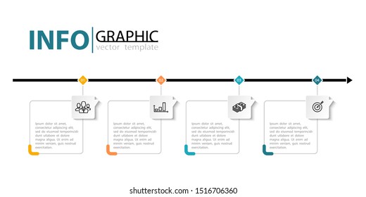 Vector horizontal infographic design and marketing icons. Can be used to create workflows, schedules, annual reports, web design. Business concept with 4 options, steps or processes, colored, squares
