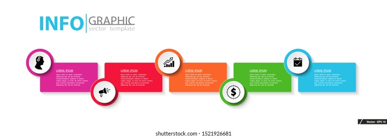 Vector horizontal infographic design and marketing icons. Can be used to create workflows, schedules, annual reports, presentation, web design.Business concept with 5 options, steps processes, squares