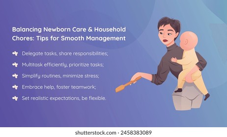 Vector horizontal information banner or brochure for young mothers. Caring for a newborn and household chores. Cartoon illustration of a woman with a baby.