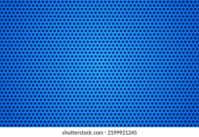 Vector horizontal iron grill sheet texture. Blue color metal speaker background. Metallic shiny perforated abstract wall. Modern chrome wallpaper. Brutal hard backdrop. Aluminium dotted shape