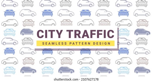 Vector horizontal kid illustration of line car with frame and text city traffic on white background. Line art style design of car parking seamless pattern for web, site, banner, child print, textile