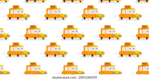 Vector horizontal kid illustration of yellow happy taxi car character on white background. Flat style design of car seamless pattern for web, site, banner, print