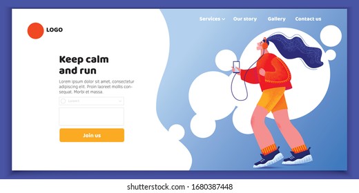 Vector horizontal landing page template in blue, red and yellow colors. Young woman jogging with smartphone in her hand. Flat modern illustration.