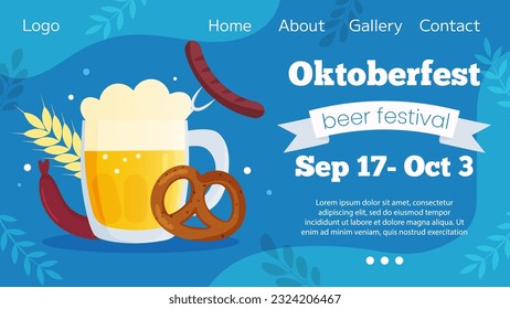 Vector horizontal landing page template banner invitation for Oktoberfest. Autumn beer festival illustration. Beer mugs on blue background and traditional colors flags. Greeting card for social media.