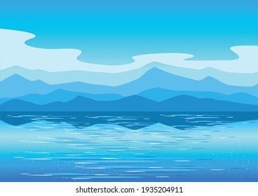 Vector horizontal landscape background with mountains, sea and clouds in a simple modern style.