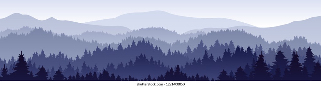 Vector horizontal landscape with fog, forest, mountains and morning sunlight. Illustration of panoramic view, mist and silhouettes mountains. Good for wallpaper, background, banner, cover, poster