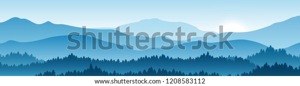 Vector horizontal landscape with fog, forest,\
mountains and morning sunlight. Illustration of panoramic view,\
mist and silhouettes mountains. Good for wallpaper, background,\
banner, cover, poster
