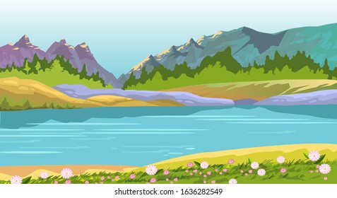 Vector horizontal landscape with hills, lake, flowers and forest. Background with spring mountains, river and blue sky in flat style. Stock illustration for banners, travel posters, backgrounds,prints