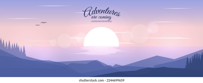 Vector horizontal landscape illustration. Hills with forest. Sunset or sunrise. Beautiful sky with clouds. Flat style illustration.