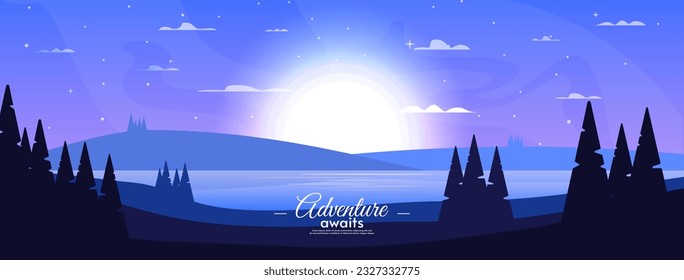 Vector horizontal landscape illustration. Sunset or sunrise. Beautiful sky with clouds. Flat style illustration. Hills with forest and river.