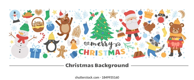 Vector horizontal layout frame with Christmas elements. Traditional New Year party clipart set. Funny design for web banners, posters, invitations. Cute winter holiday card template.
