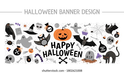 Vector horizontal layout frame with Halloween elements. Traditional Samhain party clipart set. Scary design for web banners, posters, invitations. Cute Autumn holiday card template.
