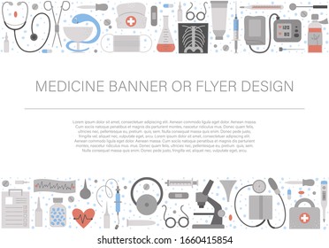 Vector horizontal layout frame with medical equipment and tools. Medicine elements banner design. Cute funny health care, check or research card template