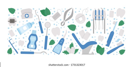 Vector horizontal layout frame with tooth care tools. Card template with elements for cleaning teeth. Dentistry equipment banner isolated on white background. Dentist icons set