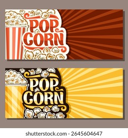 Vector horizontal layout for Pop Corn with blank copyspace for ad, illustration of delicious popcorn in large carton bowl, unique brush lettering for word pop corn and decorative vintage flourishes