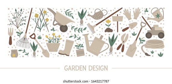 Vector horizontal layout set with garden tools, flowers, herbs, plants. Gardening equipment banner, party invitation or background. Cute funny spring card template